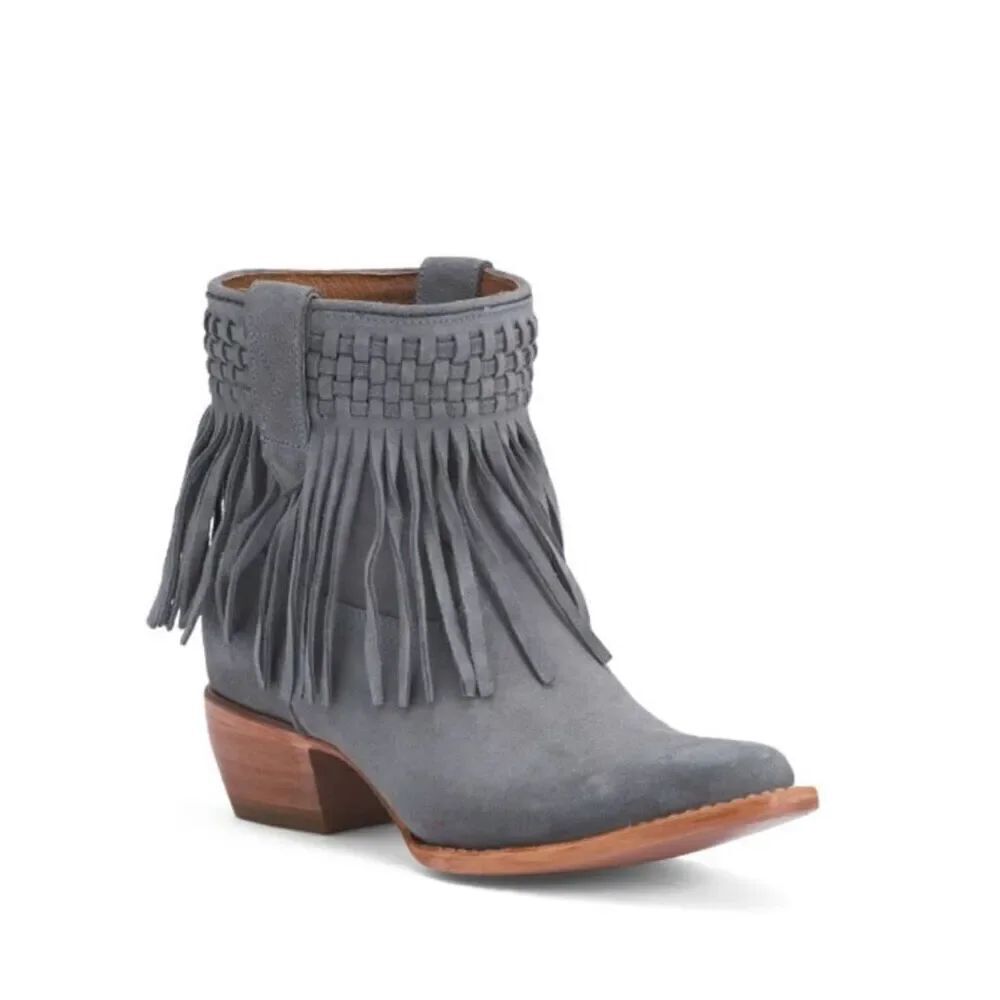 Frye Sacha Short Fringe Bootie suede leather steel Blue 6.5